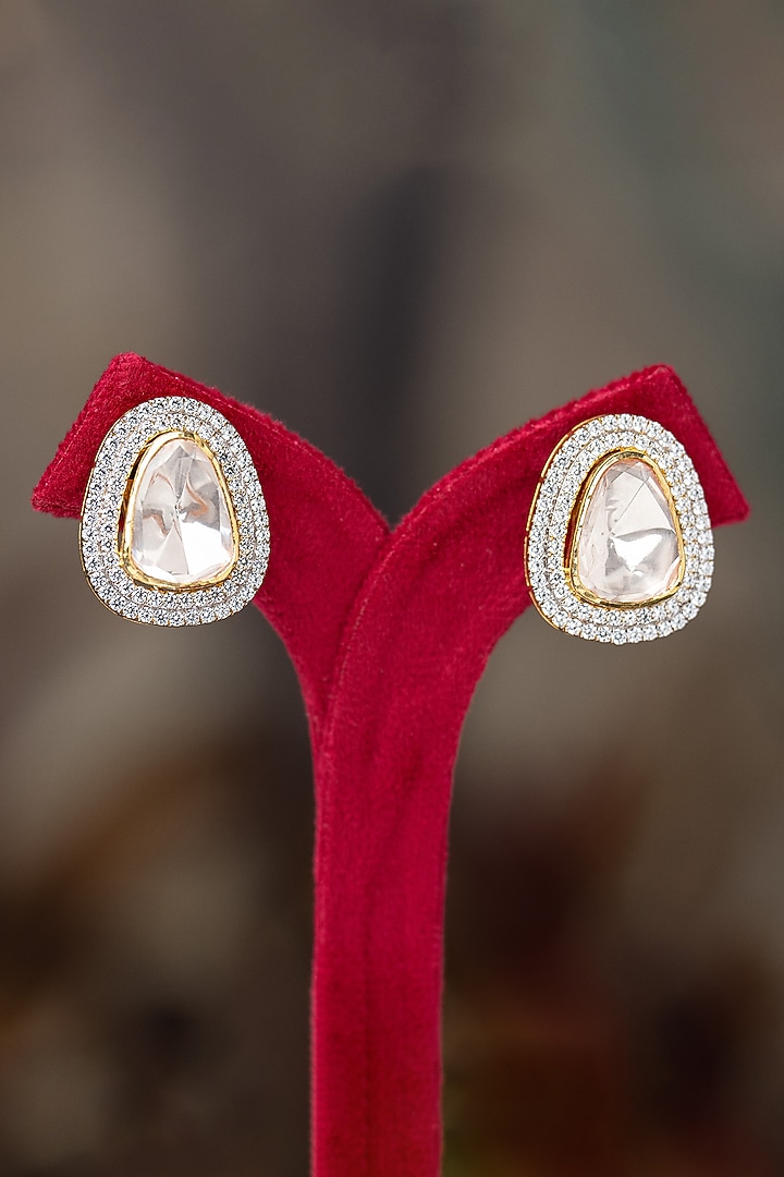 Gold Plated Moissanite Polki & Zirconia Diamond Stud Earrings In Sterling Silver by Varq Jewels at Pernia's Pop Up Shop