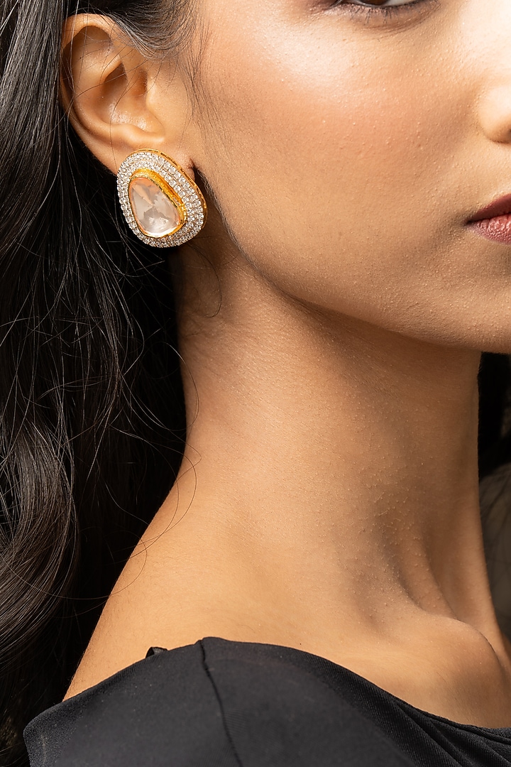 Gold Plated Moissanite Polki & Zirconia Diamond Stud Earrings In Sterling Silver by Varq Jewels at Pernia's Pop Up Shop