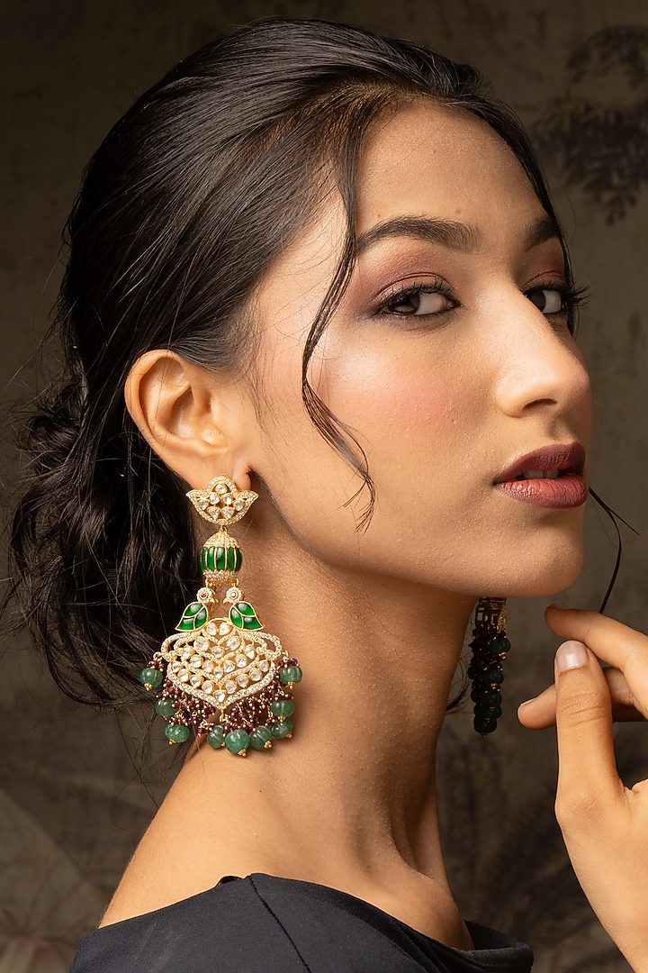 Gold Plated Moissanite Polki & Green Synthetic Stone Dangler Earrings In Sterling Silver by Varq Jewels at Pernia's Pop Up Shop