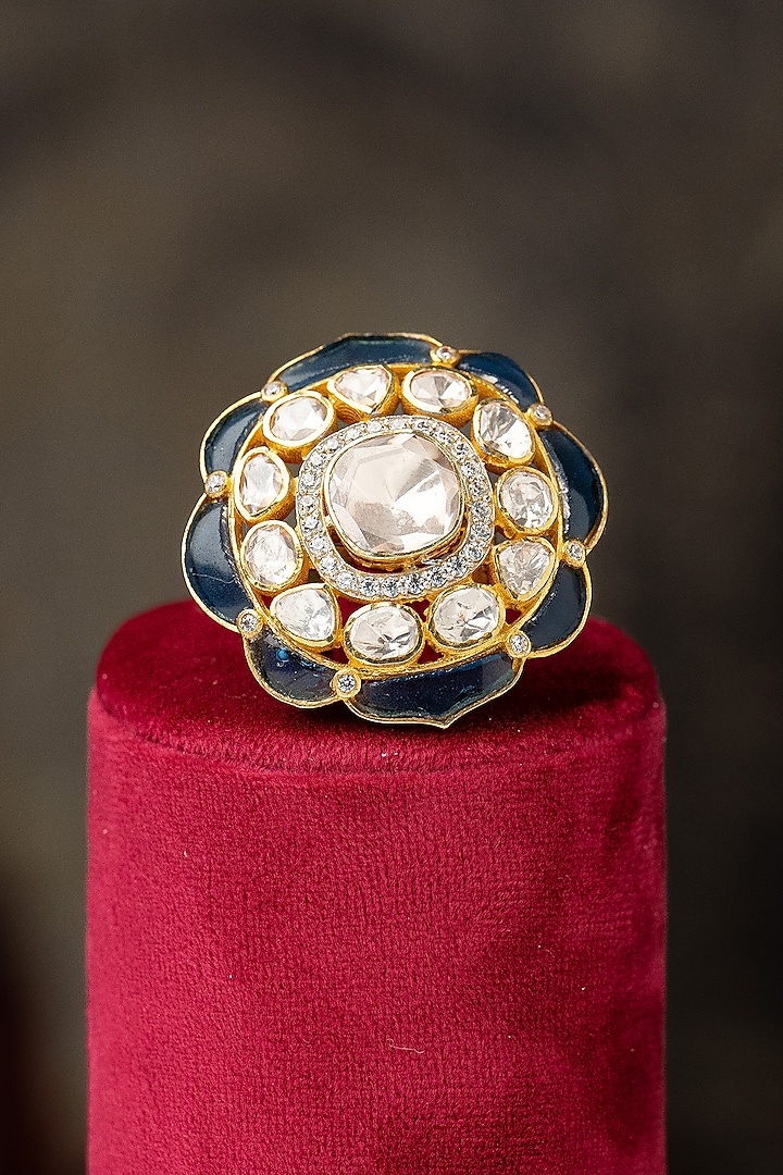 Gold Plated Moissanite Polki & Blue Synthetic Stone Ring In Sterling Silver by Varq Jewels
