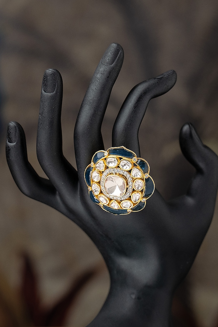 Gold Plated Moissanite Polki & Blue Synthetic Stone Ring In Sterling Silver by Varq Jewels at Pernia's Pop Up Shop