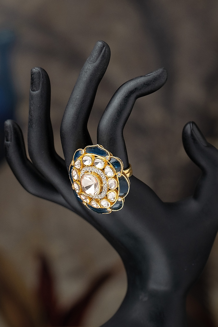 Gold Plated Moissanite Polki & Blue Synthetic Stone Ring In Sterling Silver by Varq Jewels at Pernia's Pop Up Shop