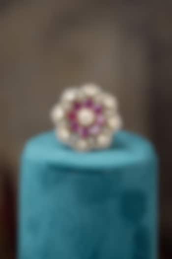 Gold Plated Moissanite Polki & Purple Synthetic Stone Ring In Sterling Silver by Varq Jewels