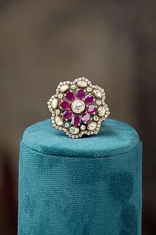 Gold Plated Moissanite Polki & Purple Synthetic Stone Ring In Sterling Silver by Varq Jewels