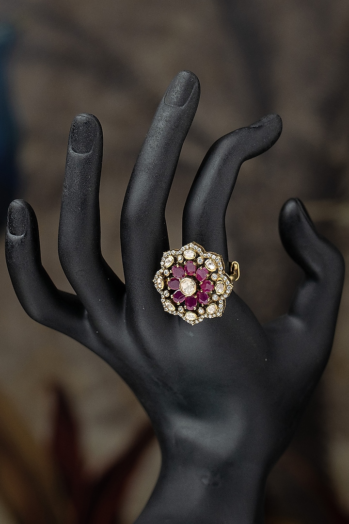 Gold Plated Moissanite Polki & Purple Synthetic Stone Ring In Sterling Silver by Varq Jewels at Pernia's Pop Up Shop