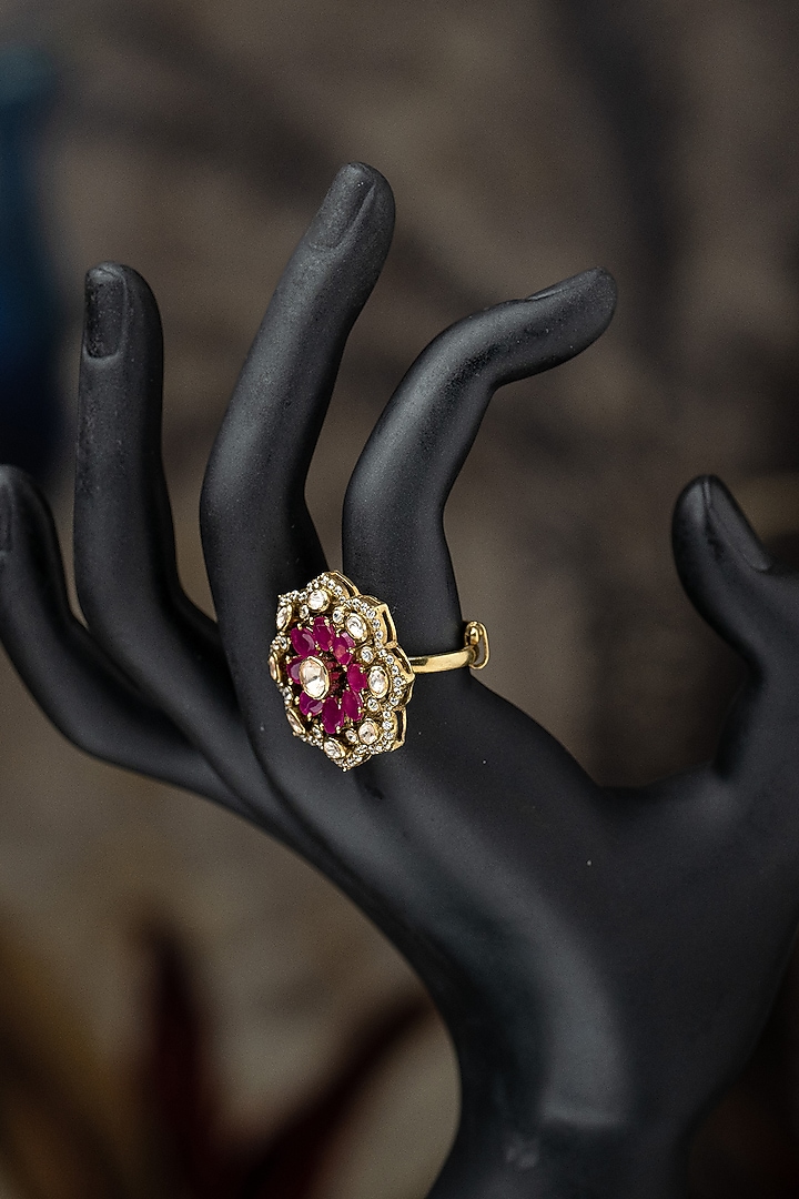 Gold Plated Moissanite Polki & Purple Synthetic Stone Ring In Sterling Silver by Varq Jewels at Pernia's Pop Up Shop