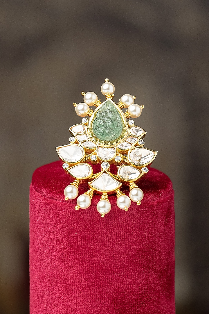 Gold Plated Moissanite Polki & Green Carved Stone Ring In Sterling Silver by Varq Jewels at Pernia's Pop Up Shop