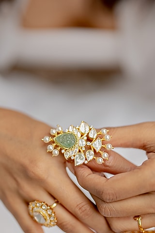 Gold Plated Moissanite Polki & Green Carved Stone Ring In Sterling Silver by Varq Jewels
