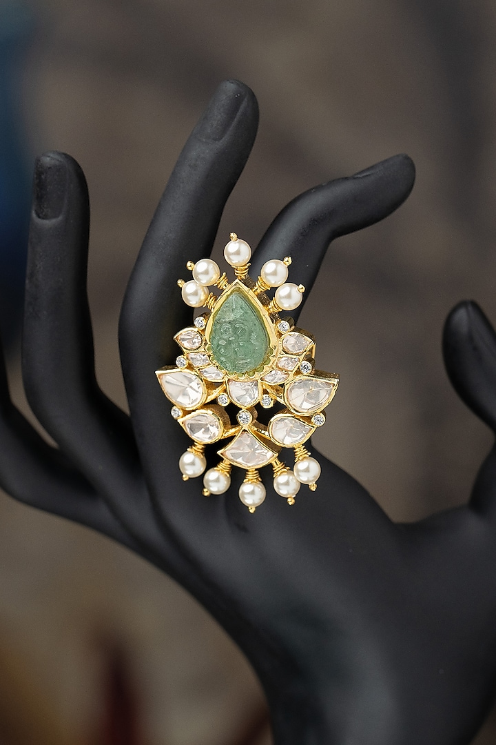 Gold Plated Moissanite Polki & Green Carved Stone Ring In Sterling Silver by Varq Jewels at Pernia's Pop Up Shop