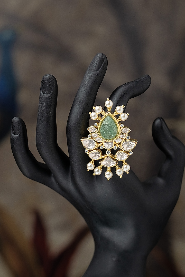 Gold Plated Moissanite Polki & Green Carved Stone Ring In Sterling Silver by Varq Jewels at Pernia's Pop Up Shop