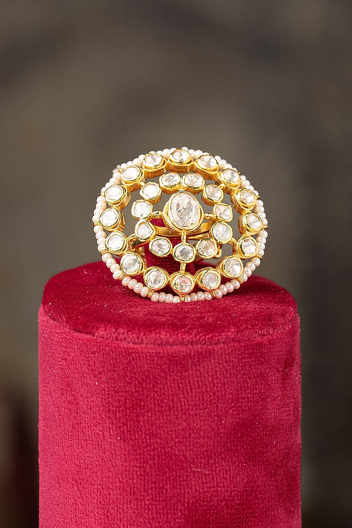 Gold Plated Moissanite Polki & Pearl Ring In Sterling Silver by Varq Jewels at Pernia's Pop Up Shop