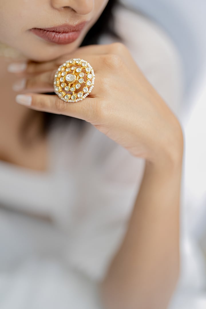 Gold Plated Moissanite Polki & Pearl Ring In Sterling Silver by Varq Jewels