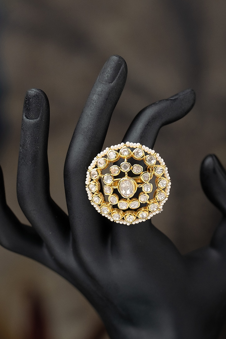 Gold Plated Moissanite Polki & Pearl Ring In Sterling Silver by Varq Jewels at Pernia's Pop Up Shop