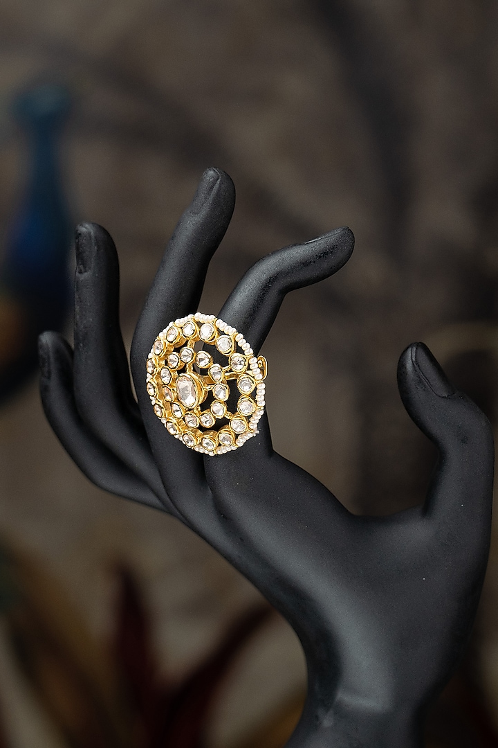 Gold Plated Moissanite Polki & Pearl Ring In Sterling Silver by Varq Jewels at Pernia's Pop Up Shop