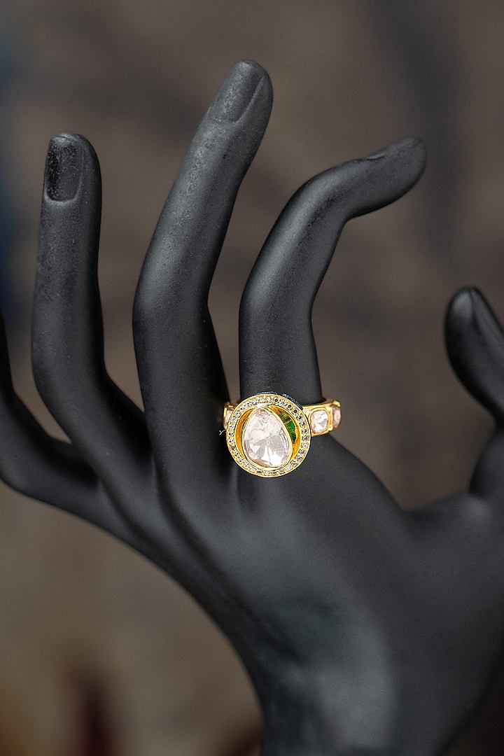 Gold Plated Moissanite Polki & Red synthetic Stone Ring In Sterling Silver by Varq Jewels at Pernia's Pop Up Shop