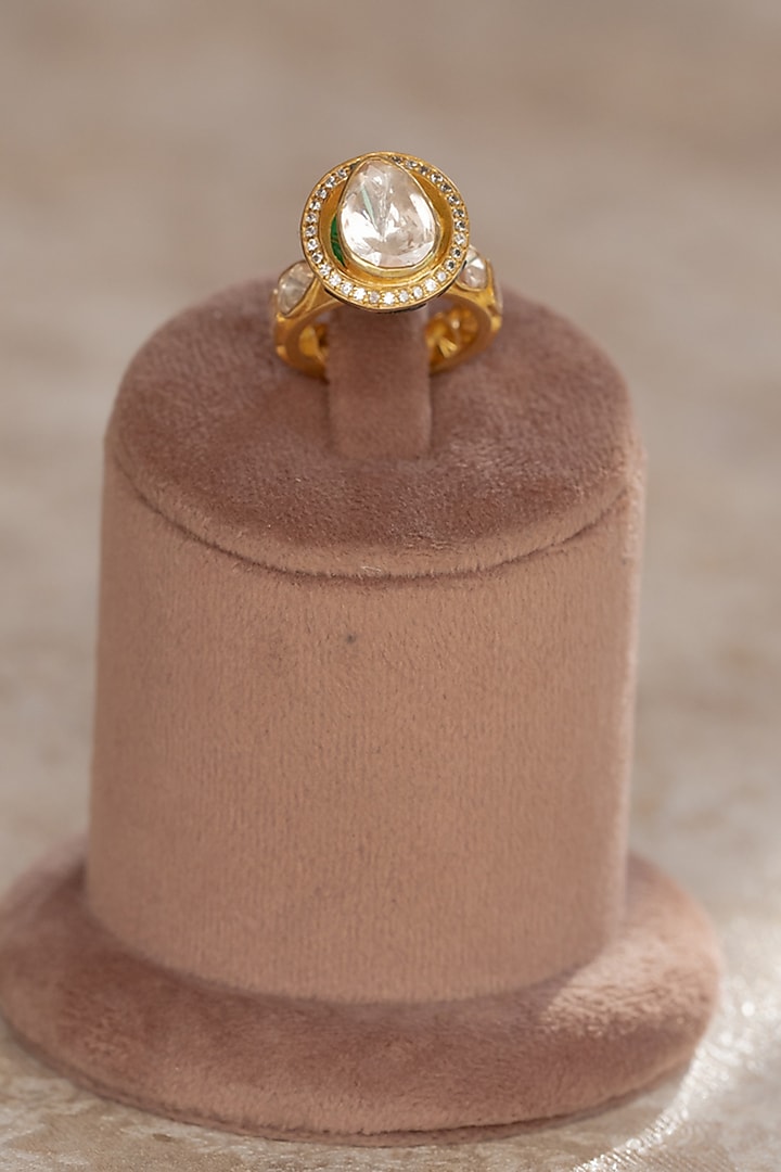 Gold Plated Moissanite Polki & Red synthetic Stone Ring In Sterling Silver by Varq Jewels