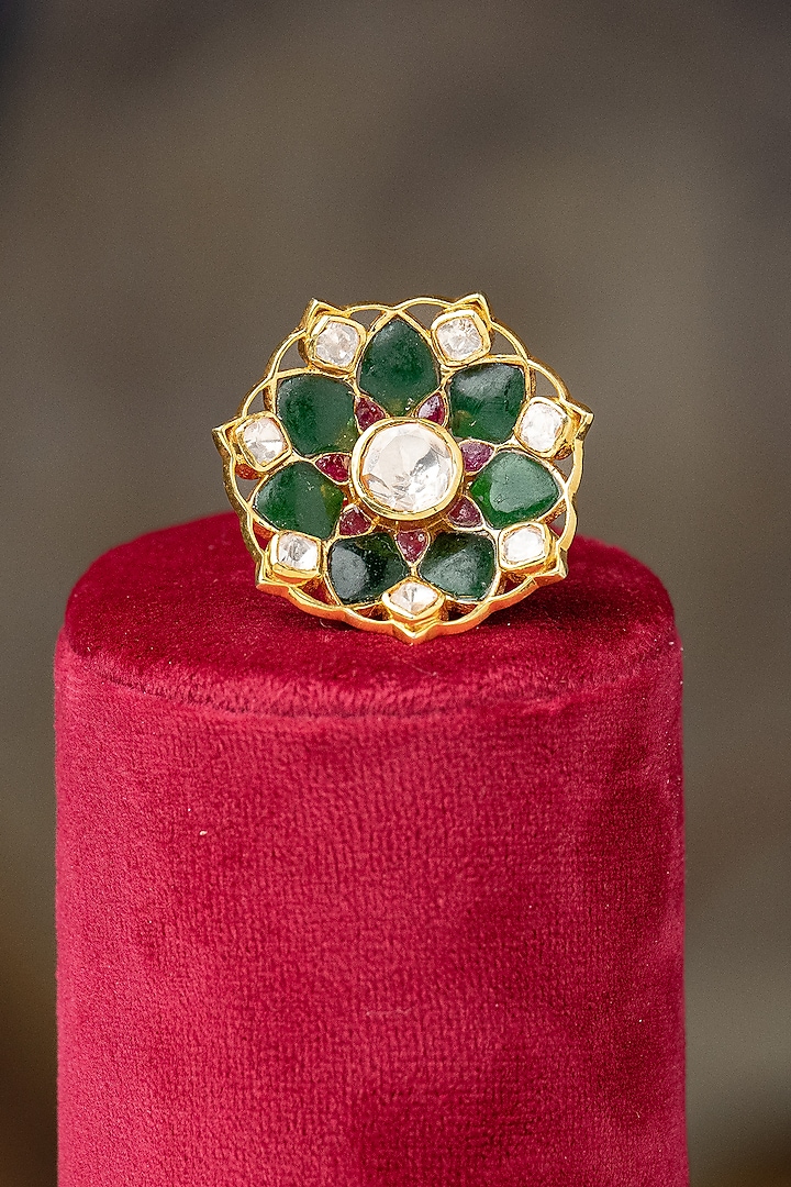 Gold Plated Moissanite Polki & Dark Green Glass Stone Ring In Sterling Silver by Varq Jewels