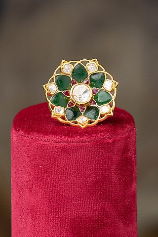 Gold Plated Moissanite Polki & Dark Green Glass Stone Ring In Sterling Silver by Varq Jewels