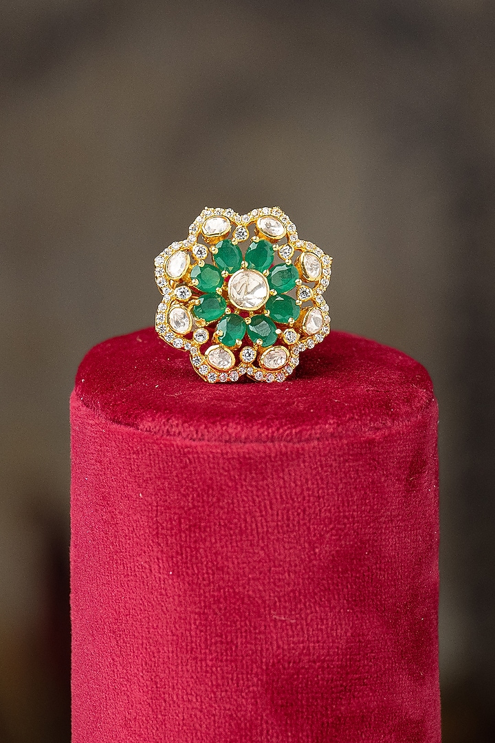 Gold Plated Moissanite Polki & Green Glass Stone Ring In Sterling Silver by Varq Jewels at Pernia's Pop Up Shop