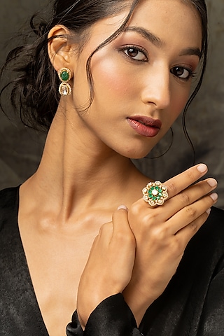 Gold Plated Moissanite Polki & Green Glass Stone Ring In Sterling Silver by Varq Jewels