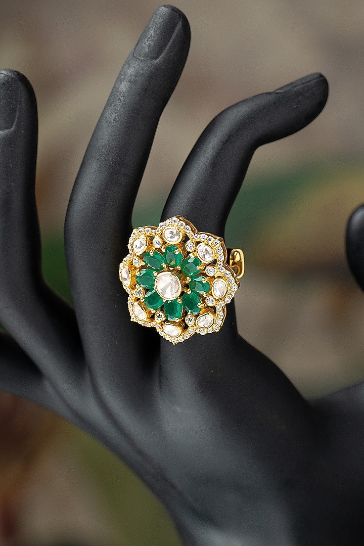 Gold Plated Moissanite Polki & Green Glass Stone Ring In Sterling Silver by Varq Jewels at Pernia's Pop Up Shop
