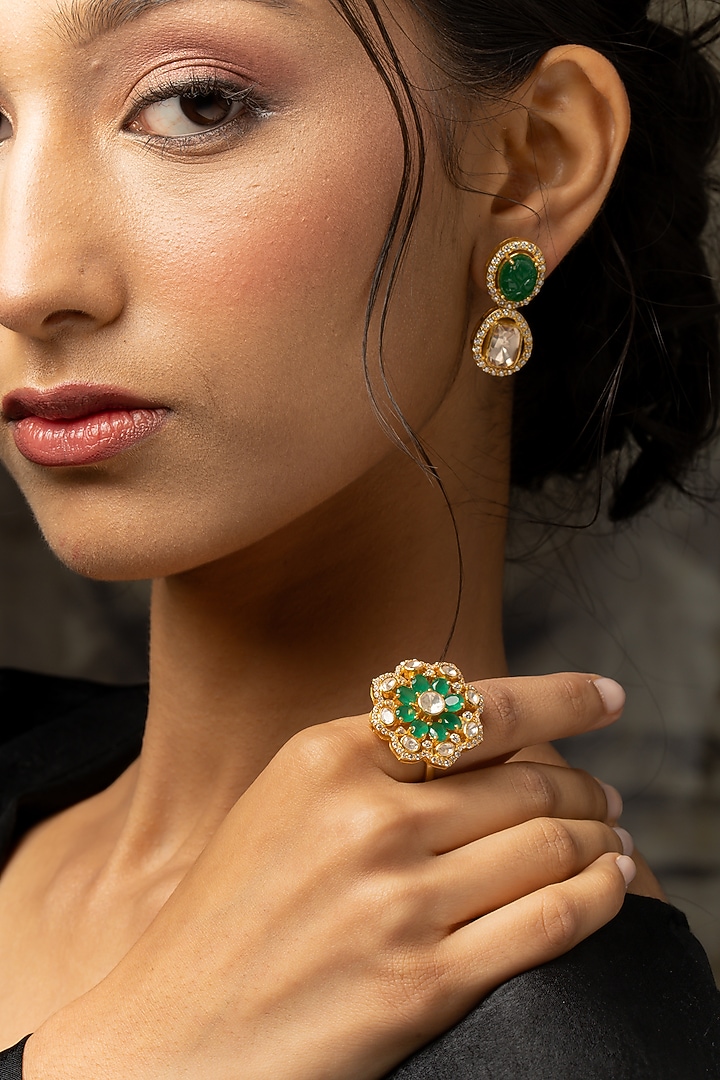 Gold Plated Moissanite Polki & Green Glass Stone Ring In Sterling Silver by Varq Jewels at Pernia's Pop Up Shop