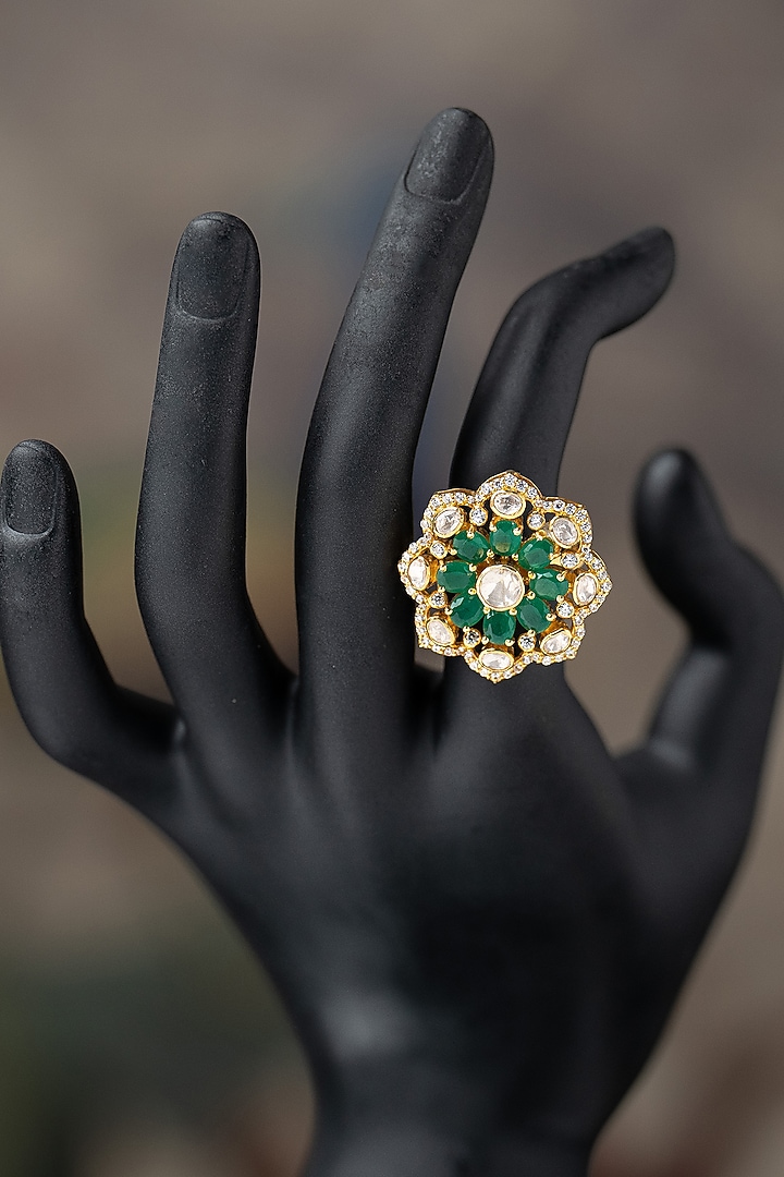 Gold Plated Moissanite Polki & Green Glass Stone Ring In Sterling Silver by Varq Jewels at Pernia's Pop Up Shop