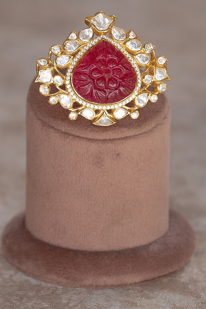 Gold Plated Moissanite Polki & Red Carved Stone Ring In Sterling Silver by Varq Jewels at Pernia's Pop Up Shop