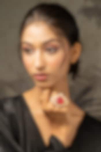 Gold Plated Moissanite Polki & Red Carved Stone Ring In Sterling Silver by Varq Jewels at Pernia's Pop Up Shop
