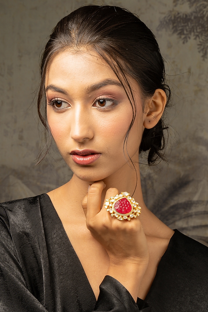 Gold Plated Moissanite Polki & Red Carved Stone Ring In Sterling Silver by Varq Jewels at Pernia's Pop Up Shop