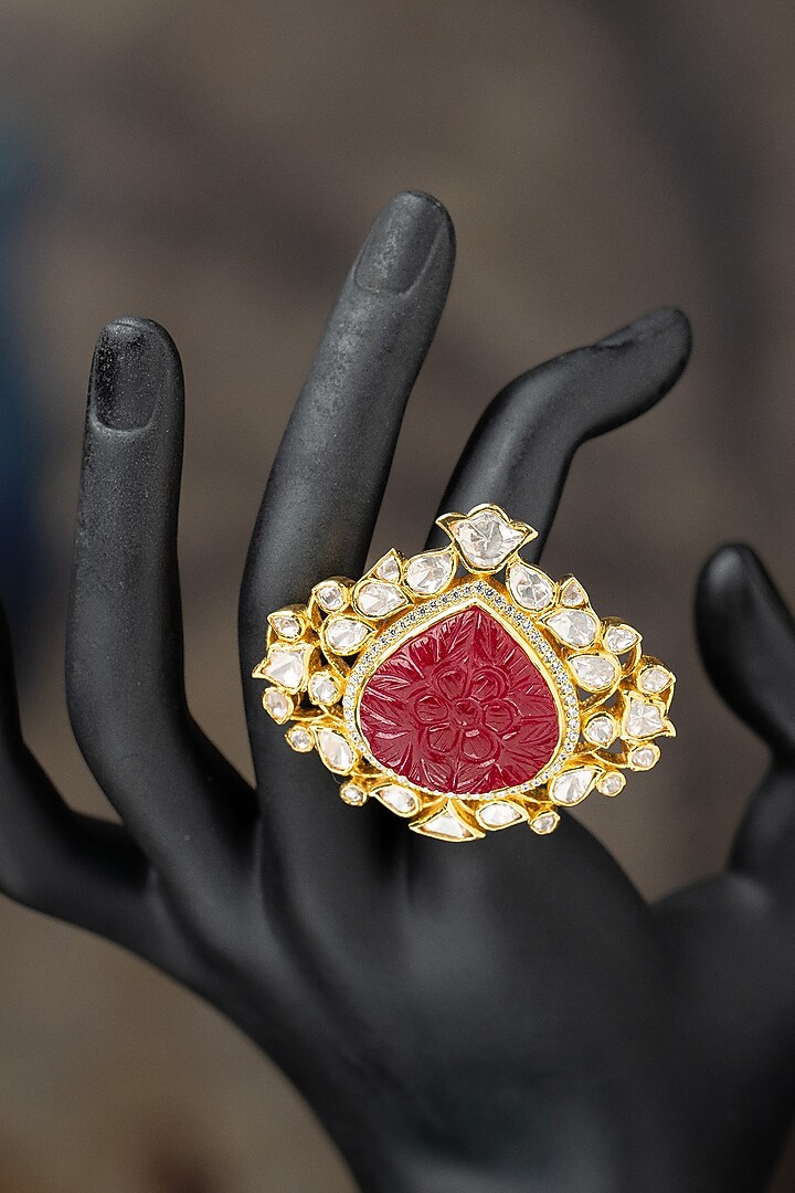 Gold Plated Moissanite Polki & Red Carved Stone Ring In Sterling Silver by Varq Jewels at Pernia's Pop Up Shop