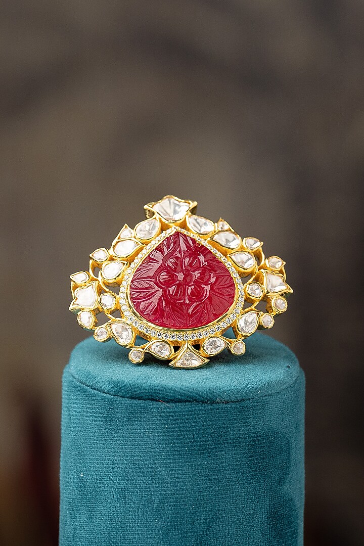 Gold Plated Moissanite Polki & Red Carved Stone Ring In Sterling Silver by Varq Jewels at Pernia's Pop Up Shop
