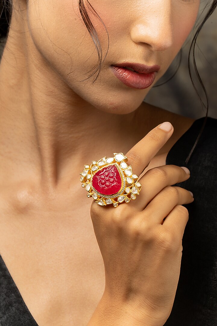 Gold Plated Moissanite Polki & Red Carved Stone Ring In Sterling Silver by Varq Jewels at Pernia's Pop Up Shop