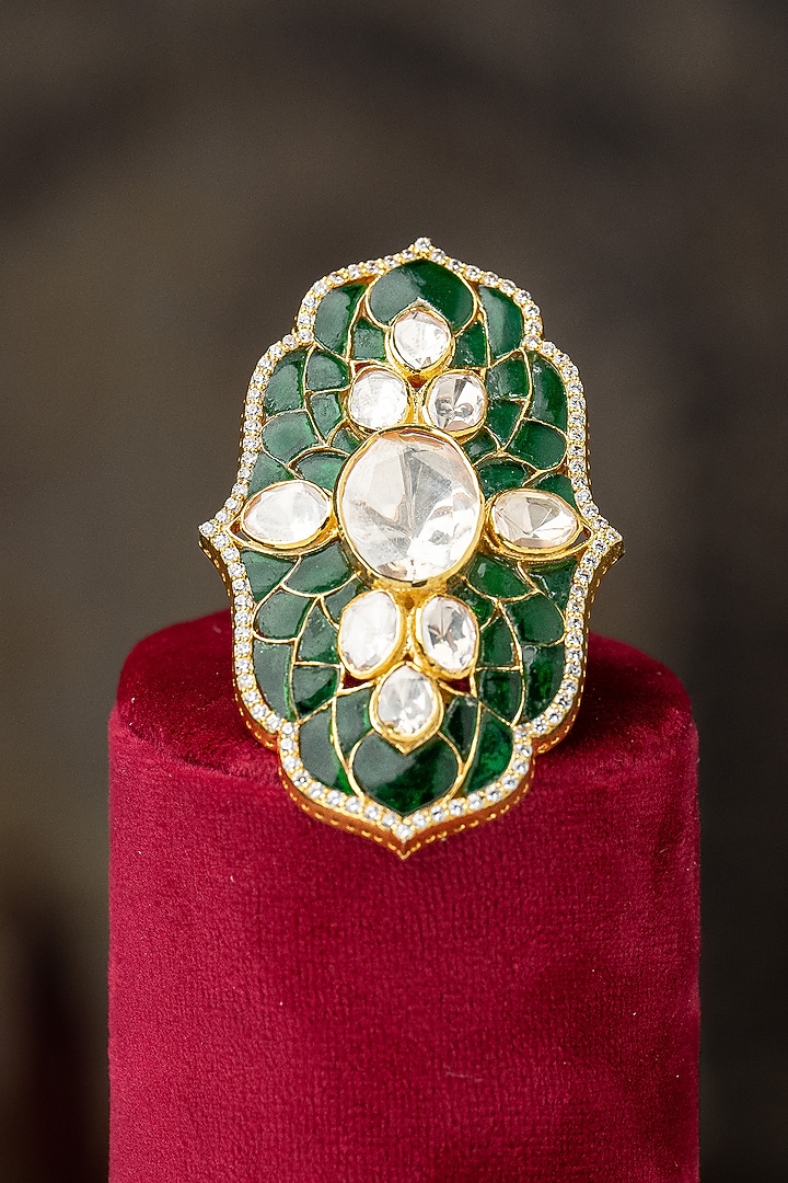 Gold Plated Moissanite Polki & Green Synthetic Stone Ring In Sterling Silver by Varq Jewels at Pernia's Pop Up Shop