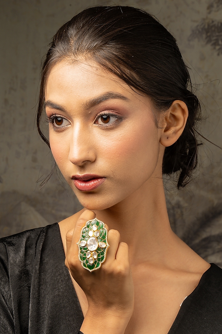 Gold Plated Moissanite Polki & Green Synthetic Stone Ring In Sterling Silver by Varq Jewels