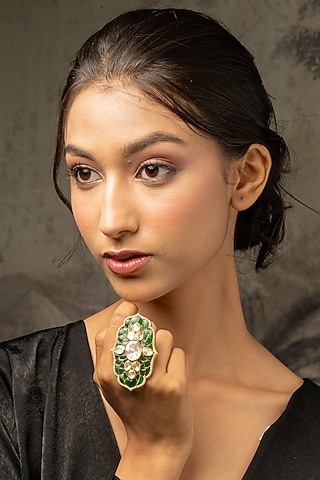 Gold Plated Moissanite Polki & Green Synthetic Stone Ring In Sterling Silver by Varq Jewels