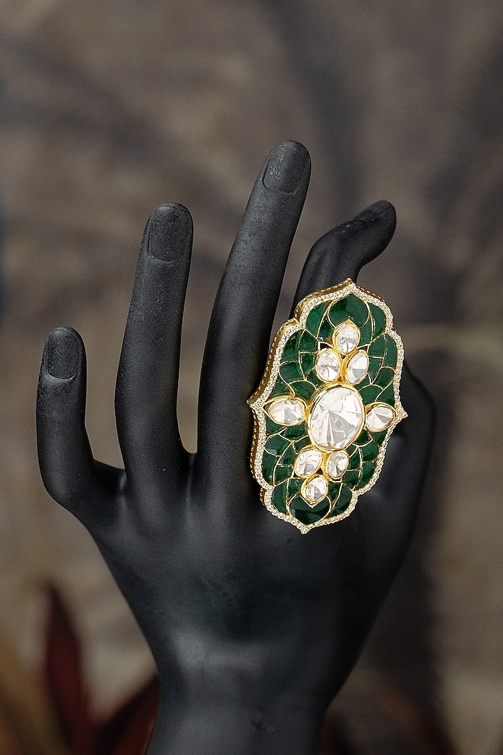 Gold Plated Moissanite Polki & Green Synthetic Stone Ring In Sterling Silver by Varq Jewels at Pernia's Pop Up Shop