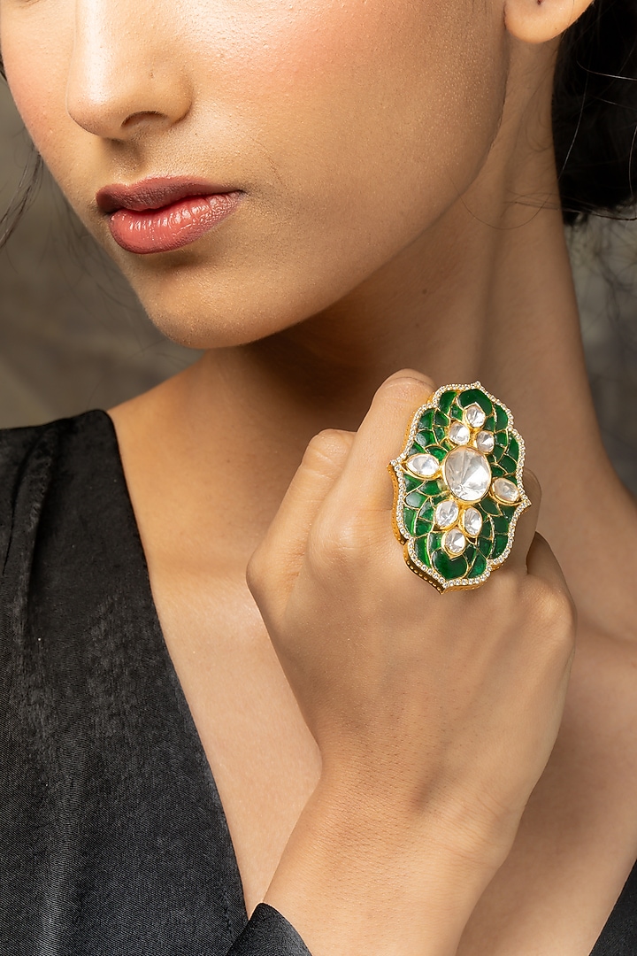 Gold Plated Moissanite Polki & Green Synthetic Stone Ring In Sterling Silver by Varq Jewels at Pernia's Pop Up Shop