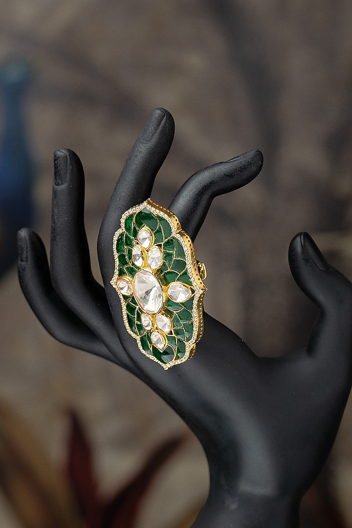 Gold Plated Moissanite Polki & Green Synthetic Stone Ring In Sterling Silver by Varq Jewels at Pernia's Pop Up Shop