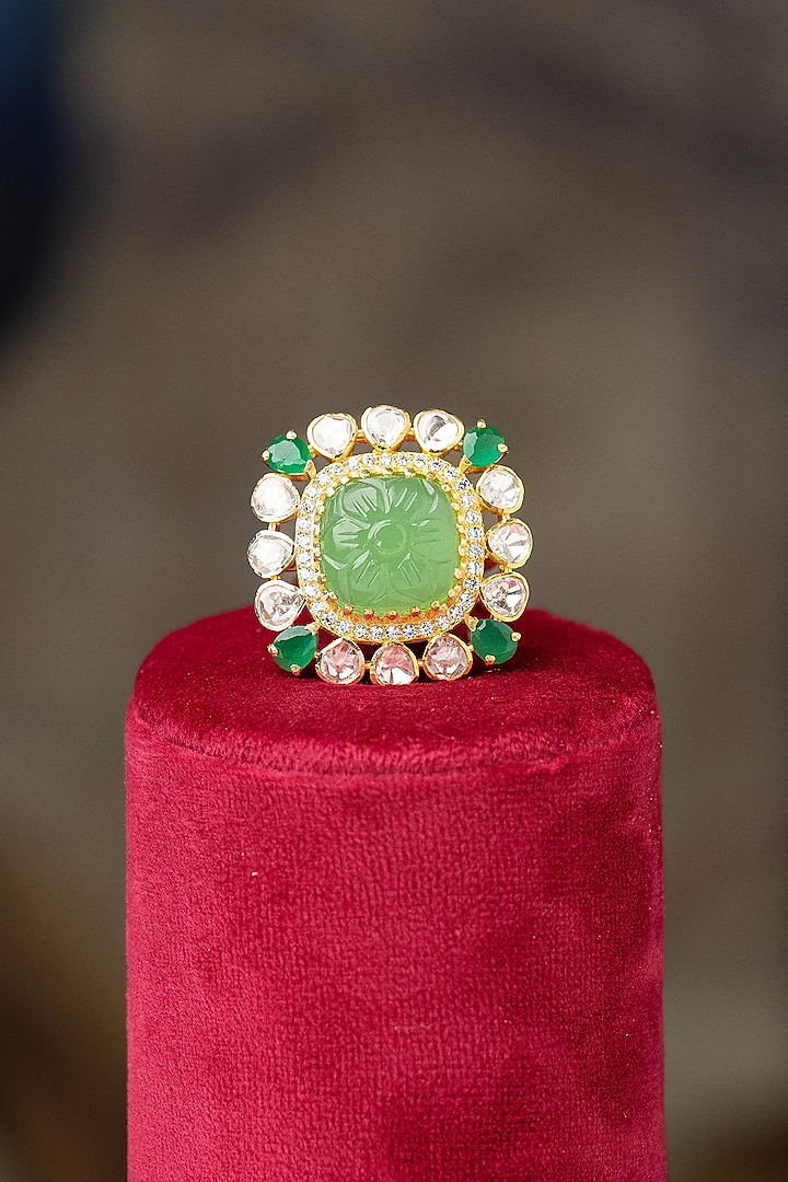 Gold Plated Moissanite Polki & Green Glass Stone Ring In Sterling Silver by Varq Jewels