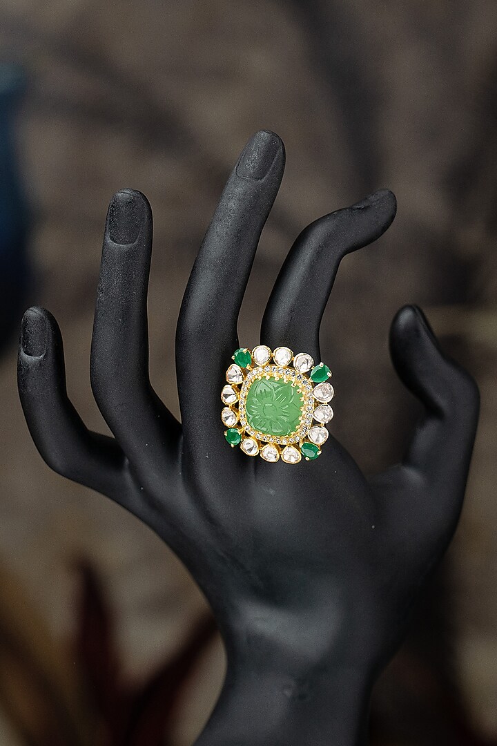 Gold Plated Moissanite Polki & Green Glass Stone Ring In Sterling Silver by Varq Jewels at Pernia's Pop Up Shop