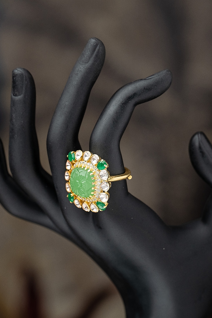 Gold Plated Moissanite Polki & Green Glass Stone Ring In Sterling Silver by Varq Jewels at Pernia's Pop Up Shop
