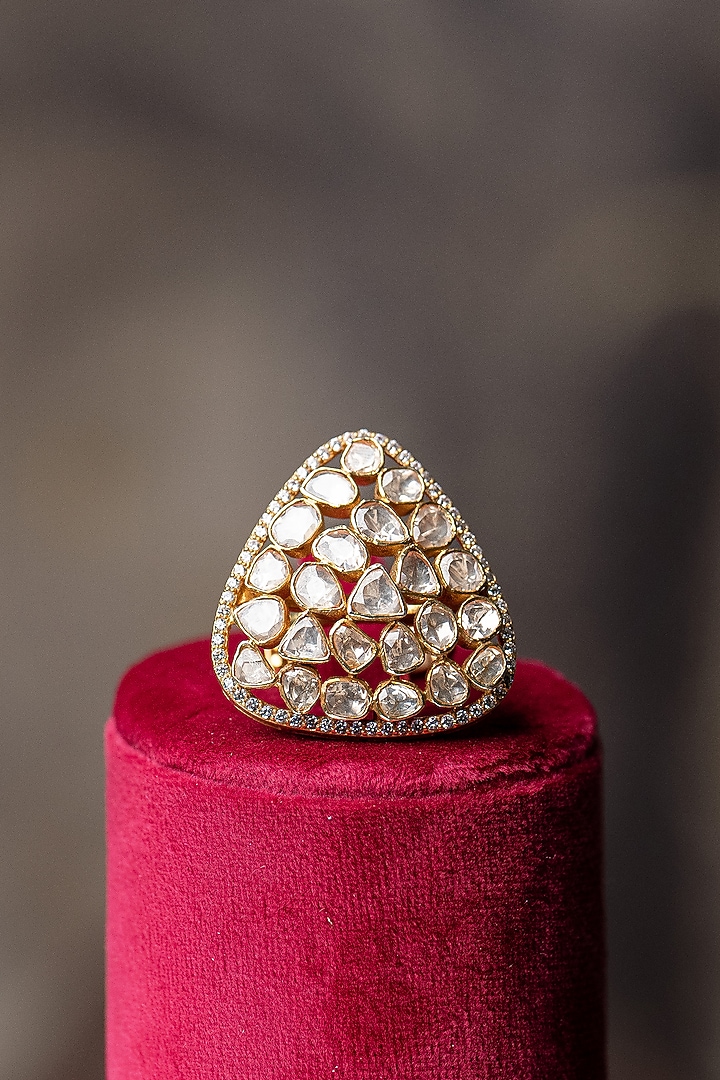 Gold Plated Moissanite Polki & Zirconia Ring In Sterling Silver by Varq Jewels at Pernia's Pop Up Shop