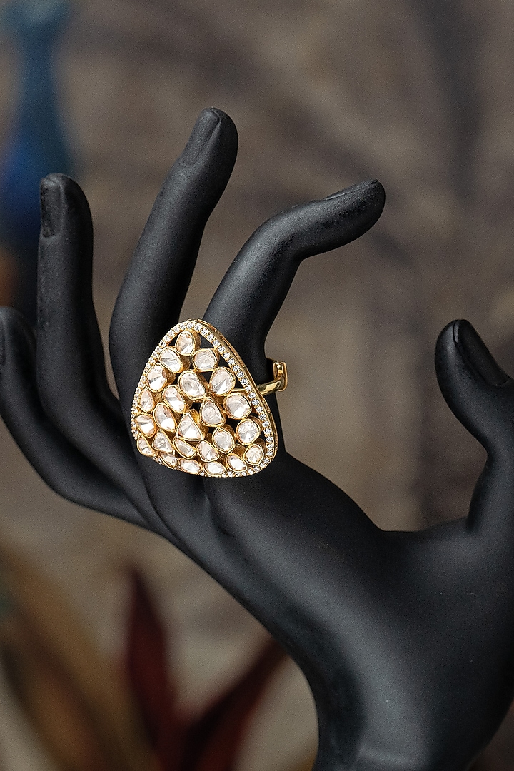 Gold Plated Moissanite Polki & Zirconia Ring In Sterling Silver by Varq Jewels at Pernia's Pop Up Shop