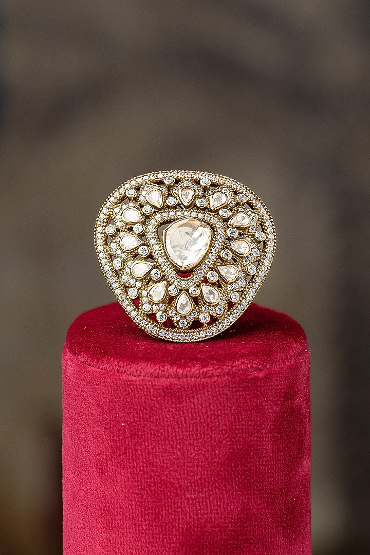 Gold Plated Moissanite Polki & Zirconia Ring In Sterling Silver by Varq Jewels at Pernia's Pop Up Shop