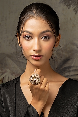 Gold Plated Moissanite Polki & Zirconia Ring In Sterling Silver by Varq Jewels