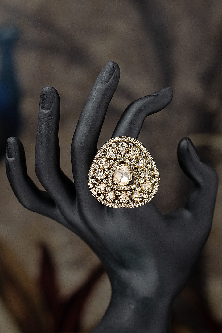 Gold Plated Moissanite Polki & Zirconia Ring In Sterling Silver by Varq Jewels at Pernia's Pop Up Shop