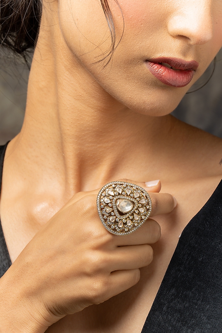 Gold Plated Moissanite Polki & Zirconia Ring In Sterling Silver by Varq Jewels at Pernia's Pop Up Shop
