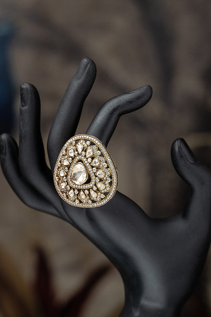 Gold Plated Moissanite Polki & Zirconia Ring In Sterling Silver by Varq Jewels at Pernia's Pop Up Shop