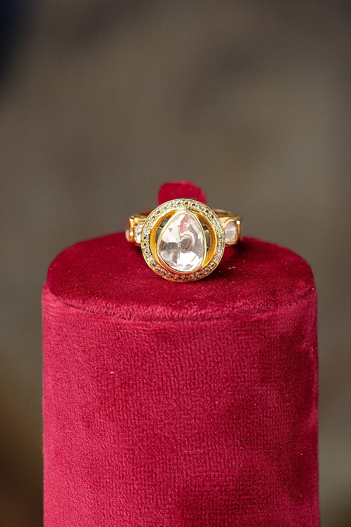 Gold Plated Moissanite Polki & Green Synthetic Stone Ring In Sterling Silver by Varq Jewels at Pernia's Pop Up Shop
